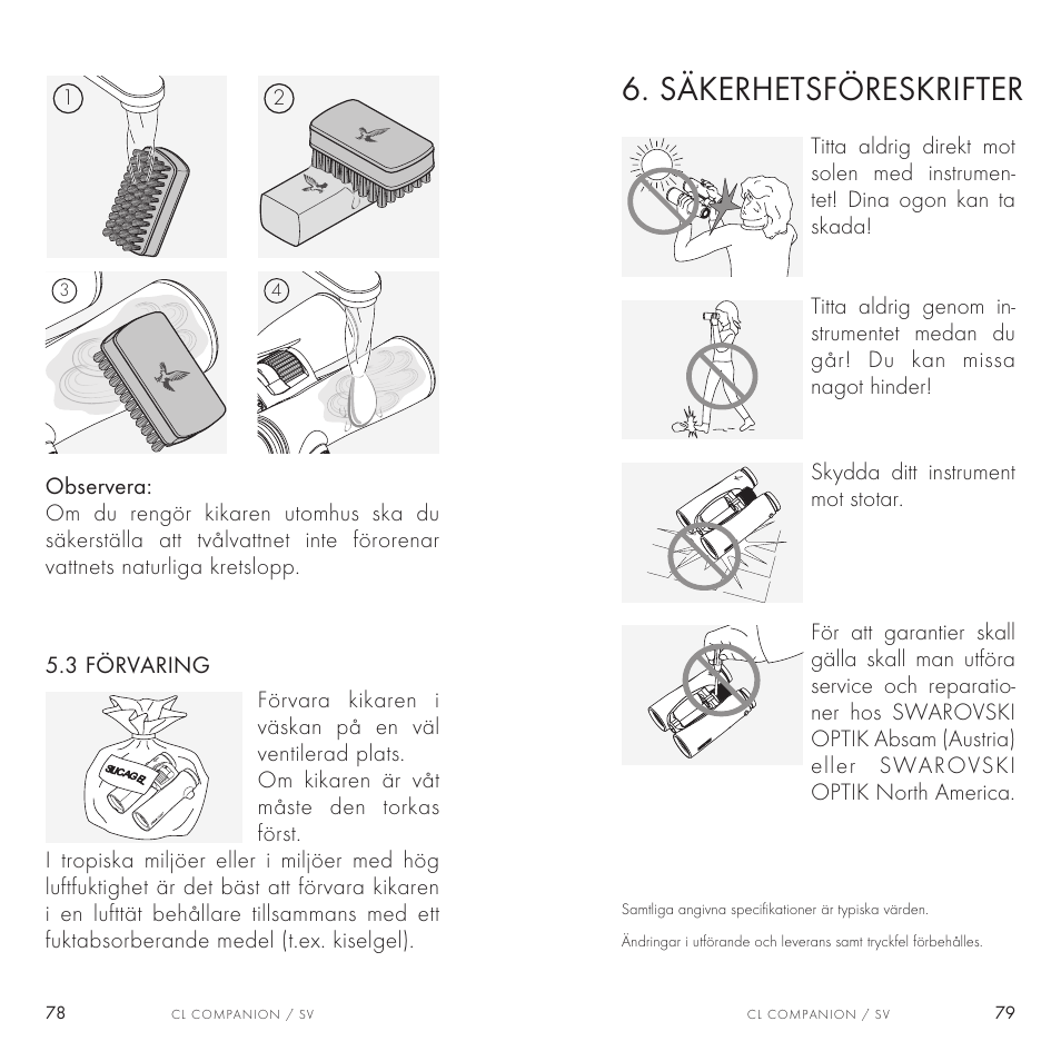 Säkerhetsföreskrifter | Swarovski Optik 8x30 CL Companion Binocular (Anthracite, Wild Nature Accessories Package) User Manual | Page 40 / 63