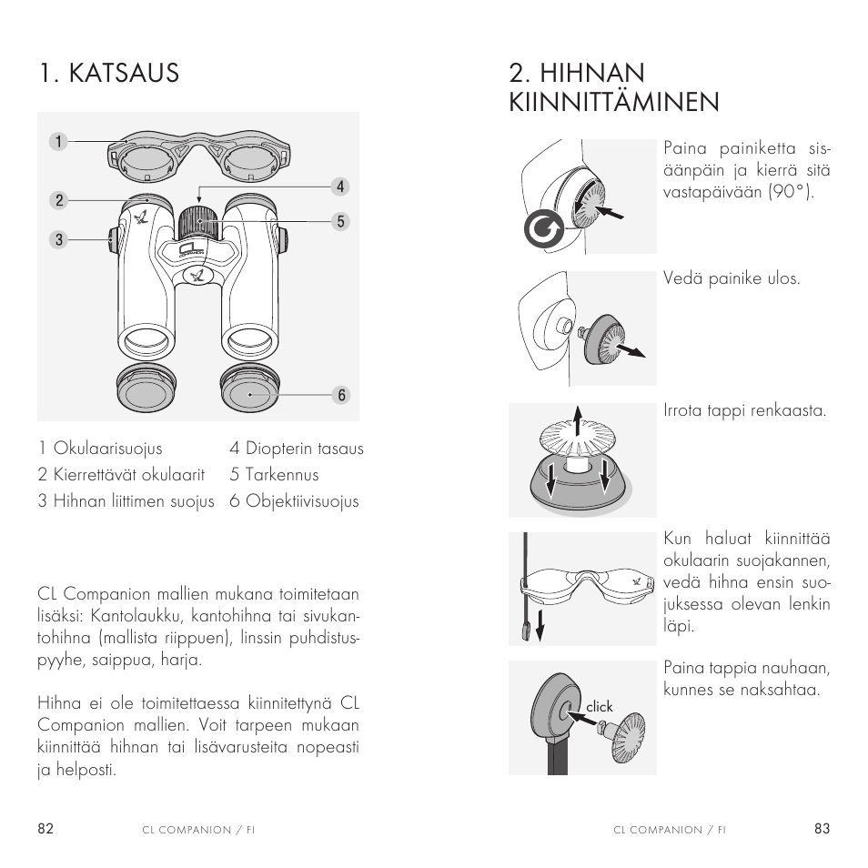 Katsaus, Hihnan kiinnittäminen | Swarovski Optik 8x30 CL Companion Binocular (Anthracite, Wild Nature Accessories Package) User Manual | Page 42 / 63