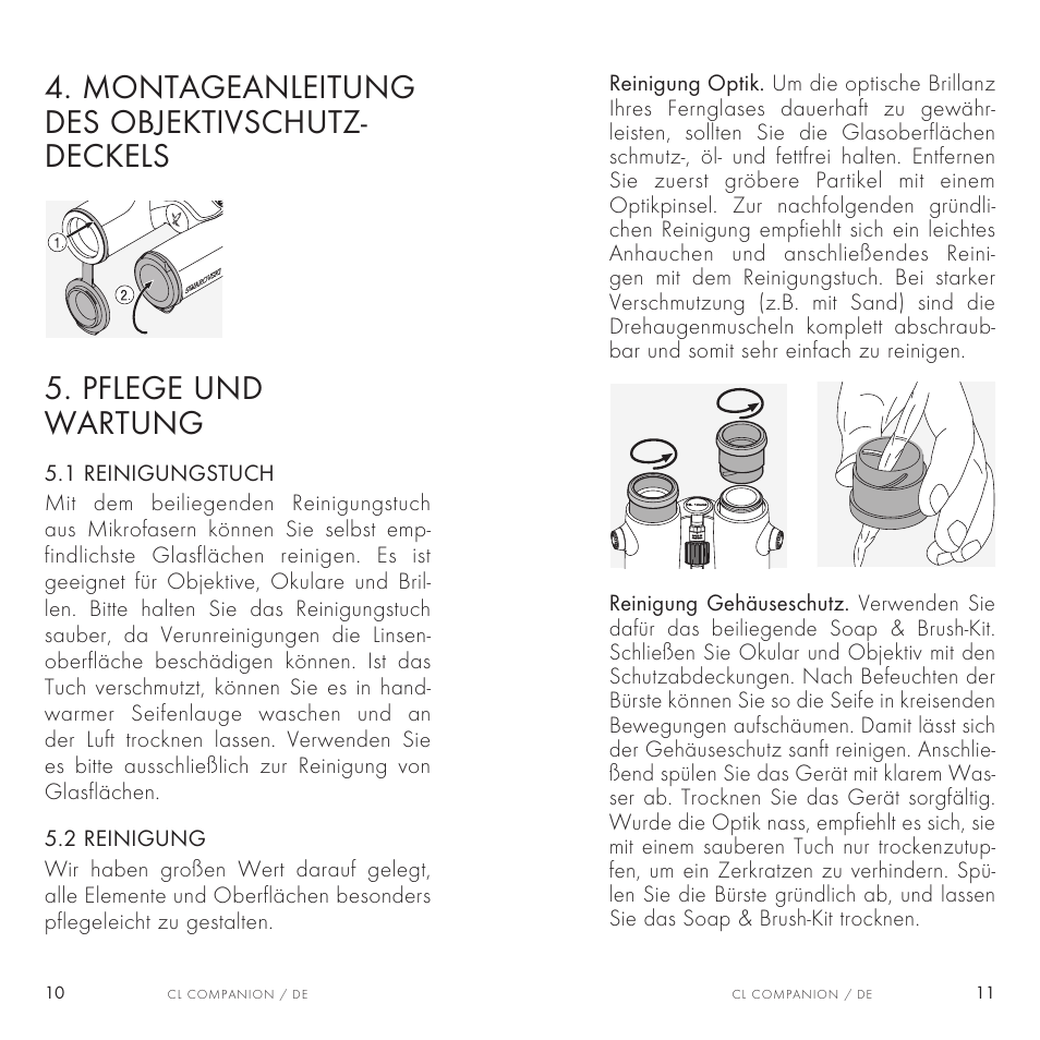 Montageanleitung des objektivschutz- deckels, Pflege und wartung | Swarovski Optik 8x30 CL Companion Binocular (Anthracite, Wild Nature Accessories Package) User Manual | Page 6 / 63