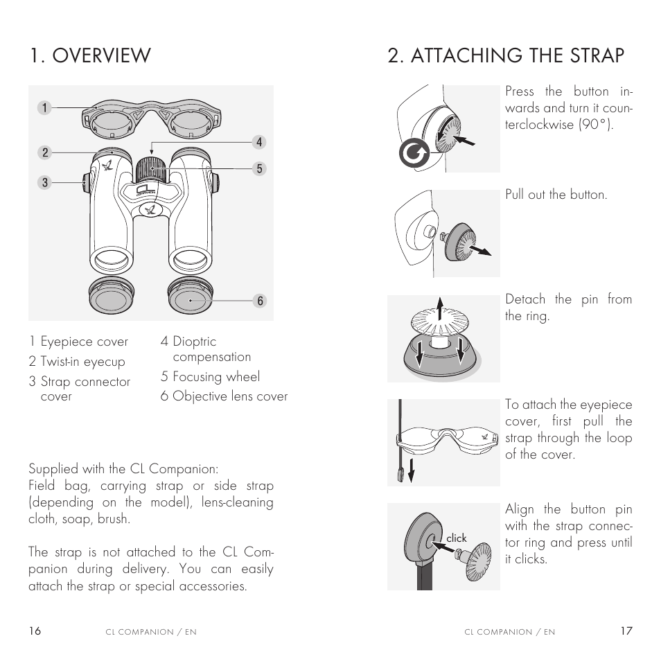 Overview, Attaching the strap | Swarovski Optik 8x30 CL Companion Binocular (Anthracite, Wild Nature Accessories Package) User Manual | Page 9 / 63