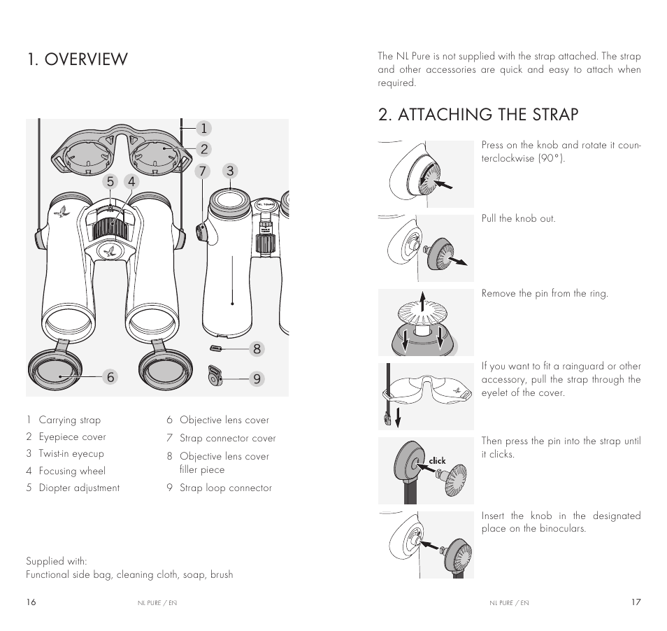 Overview, Attaching the strap | Swarovski Optik 10x32 NL Pure Binoculars (Burnt Orange) User Manual | Page 2 / 6