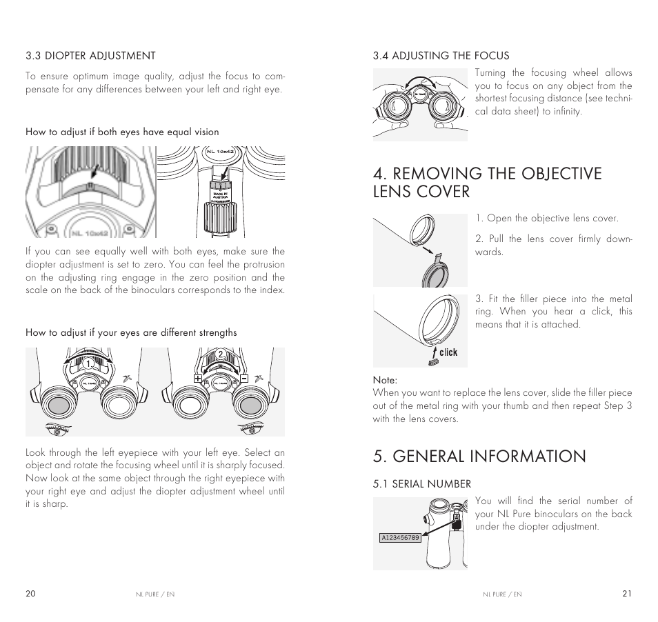 Removing the objective lens cover, General information | Swarovski Optik 10x32 NL Pure Binoculars (Burnt Orange) User Manual | Page 4 / 6