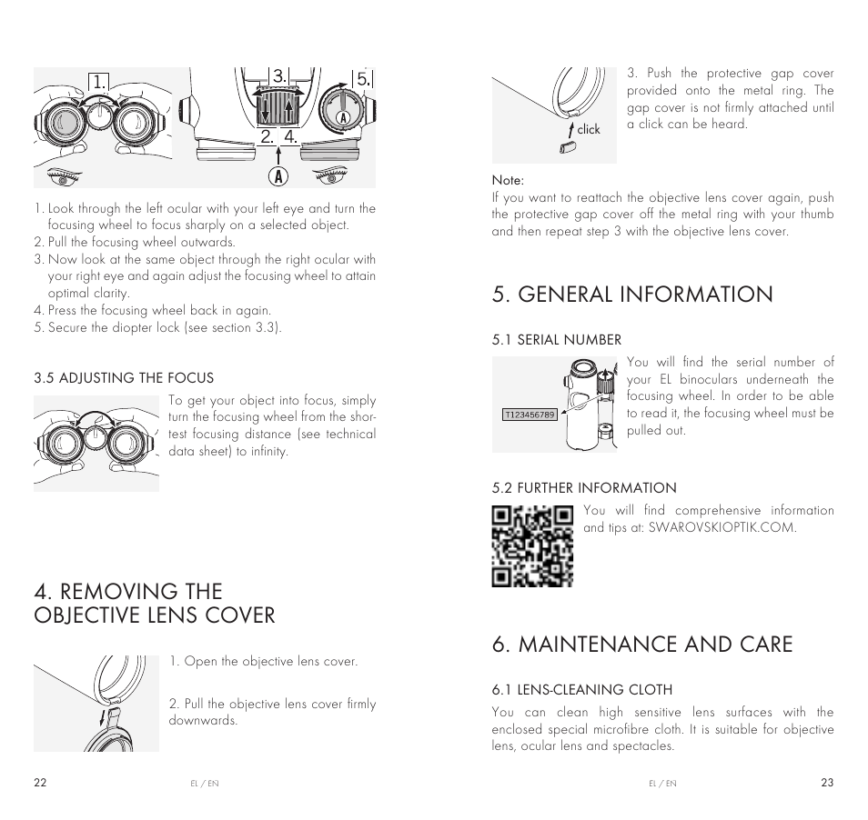 General information, Maintenance and care, Removing the objective lens cover | Swarovski Optik 10x42 EL Binoculars User Manual | Page 12 / 67