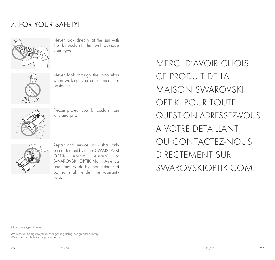 For your safety | Swarovski Optik 10x42 EL Binoculars User Manual | Page 14 / 67