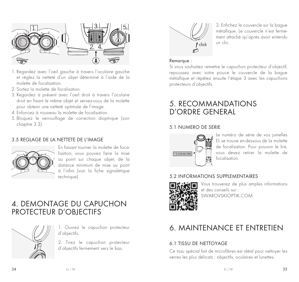 Recommandations d’ordre general, Maintenance et entretien, Demontage du capuchon protecteur d’objectifs | Swarovski Optik 10x42 EL Binoculars User Manual | Page 18 / 67