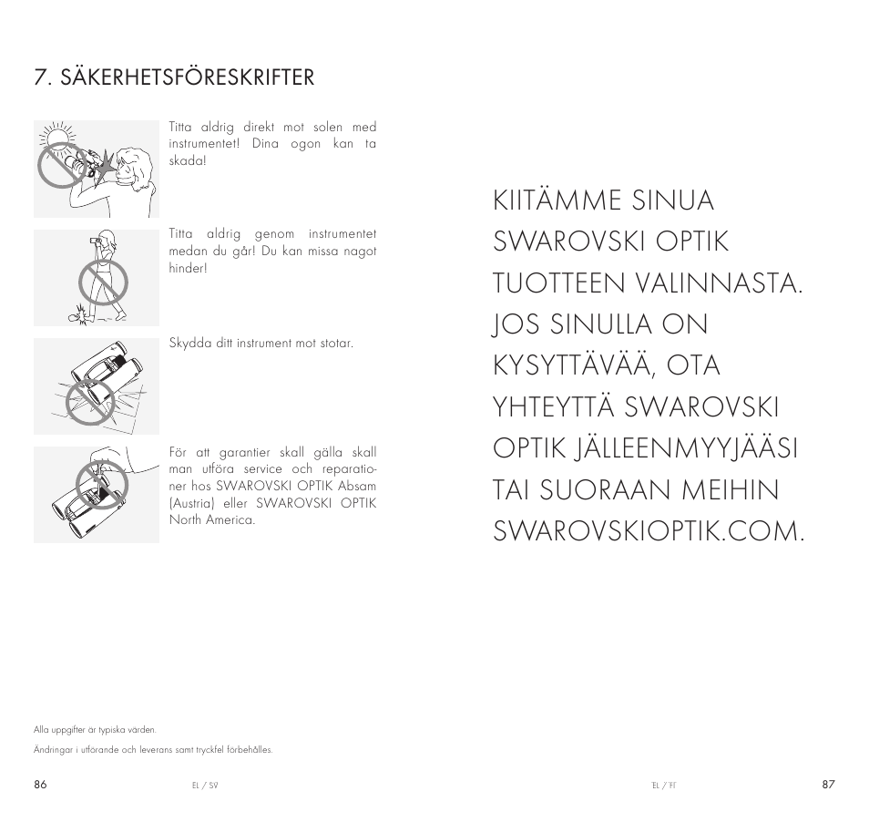 Säkerhetsföreskrifter | Swarovski Optik 10x42 EL Binoculars User Manual | Page 44 / 67