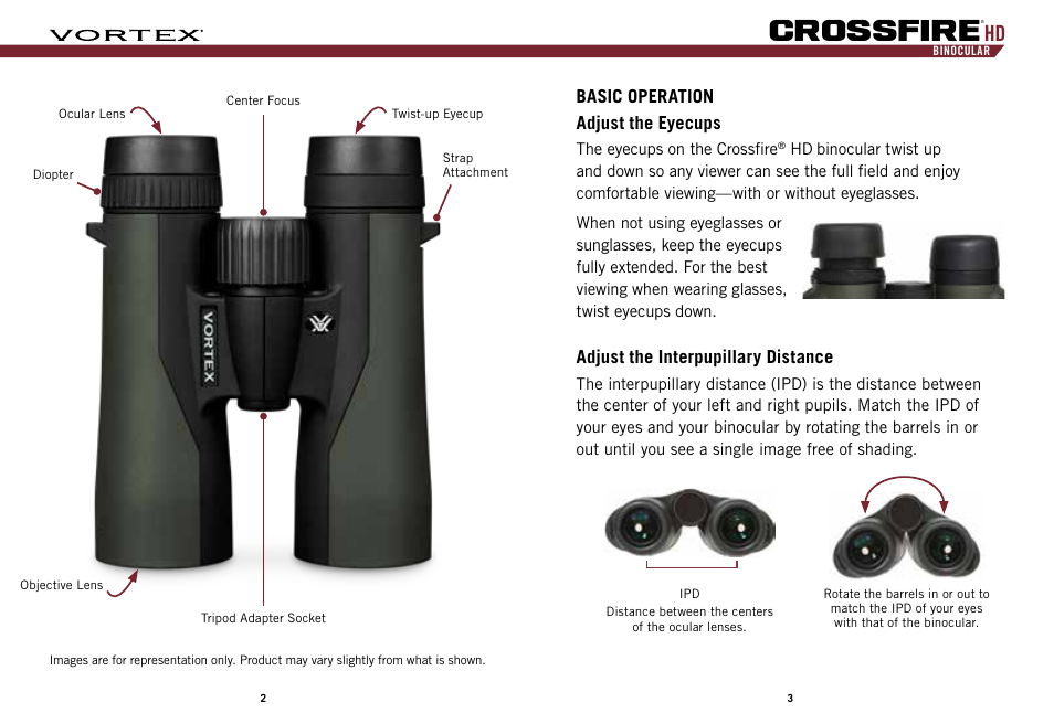 Crossfire, Basic operation adjust the eyecups, Adjust the interpupillary distance | Vortex Optics 12x50 Crossfire HD Binoculars User Manual | Page 2 / 7
