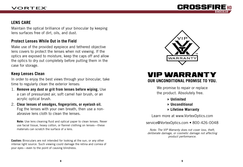 Vip warranty, Crossfire | Vortex Optics 12x50 Crossfire HD Binoculars User Manual | Page 5 / 7