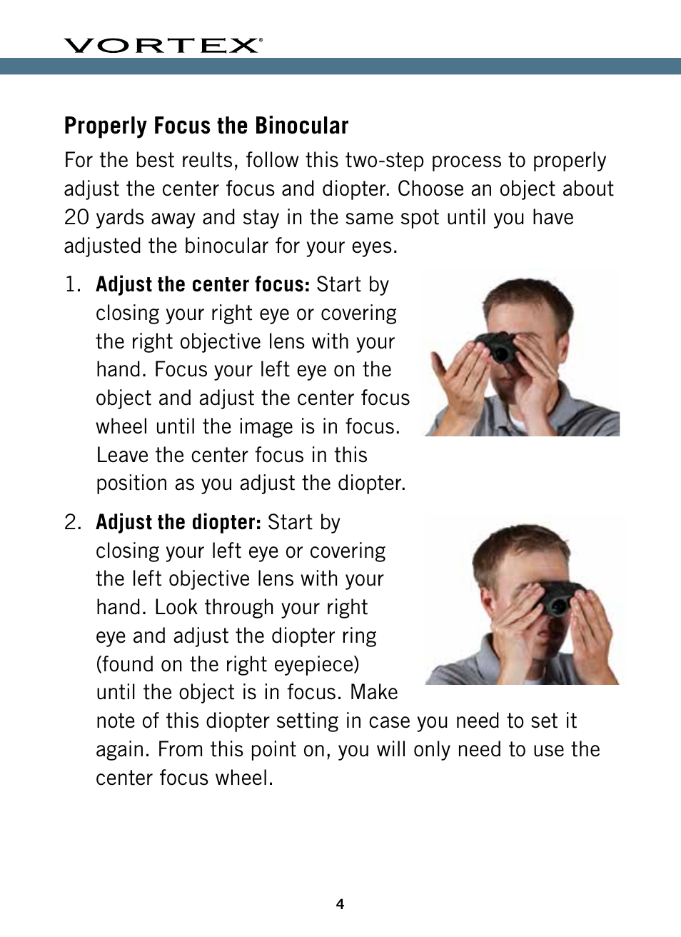 Properly focus the binocular | Vortex Optics 10x32 Diamondback HD Binoculars User Manual | Page 4 / 12