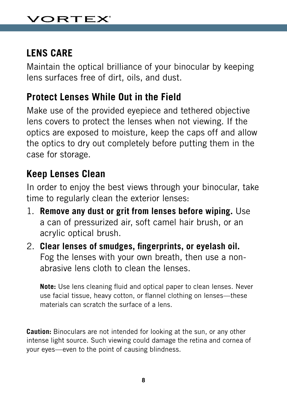 Lens care, Protect lenses while out in the field, Keep lenses clean | Vortex Optics 10x32 Diamondback HD Binoculars User Manual | Page 8 / 12