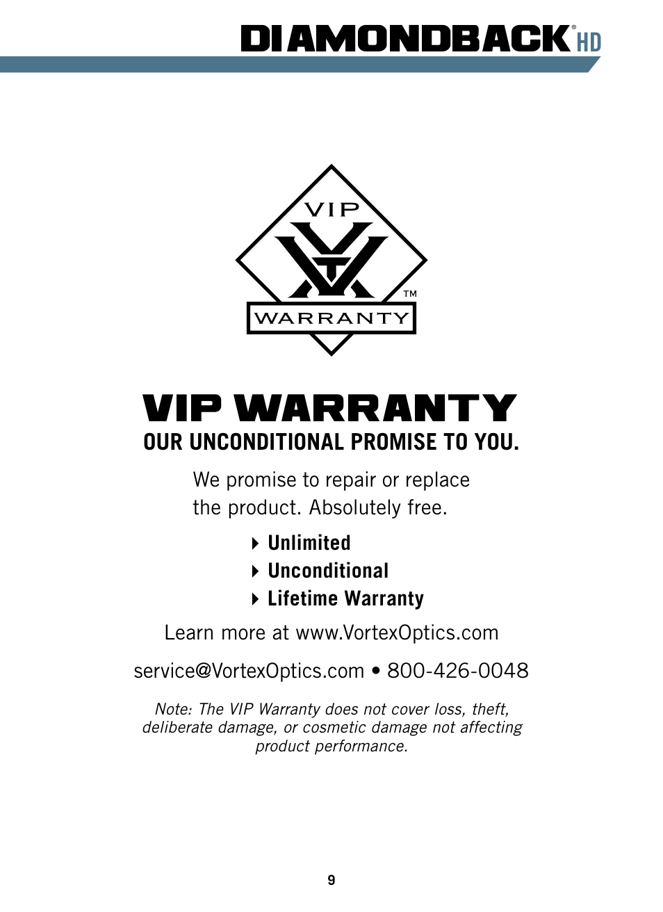 Vip warranty, Diamondback, Our unconditional promise to you | Vortex Optics 10x32 Diamondback HD Binoculars User Manual | Page 9 / 12