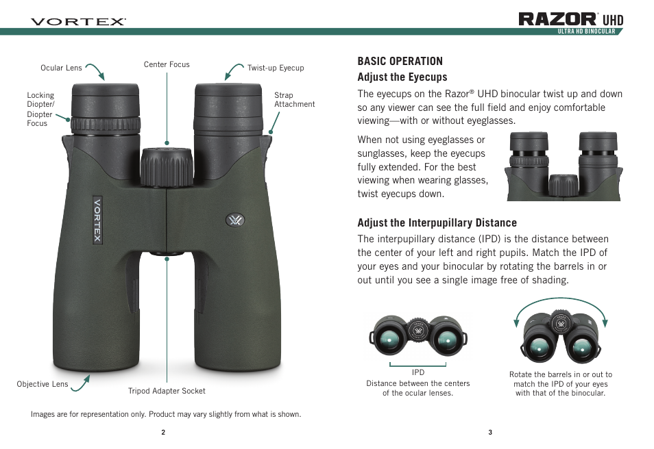 Razor, Basic operation adjust the eyecups, Adjust the interpupillary distance | Vortex Optics 8x42 Razor UHD Binoculars User Manual | Page 2 / 5