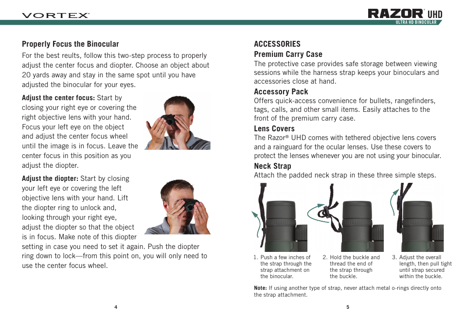Razor, Properly focus the binocular, Accessories premium carry case | Accessory pack, Lens covers, Neck strap | Vortex Optics 8x42 Razor UHD Binoculars User Manual | Page 3 / 5