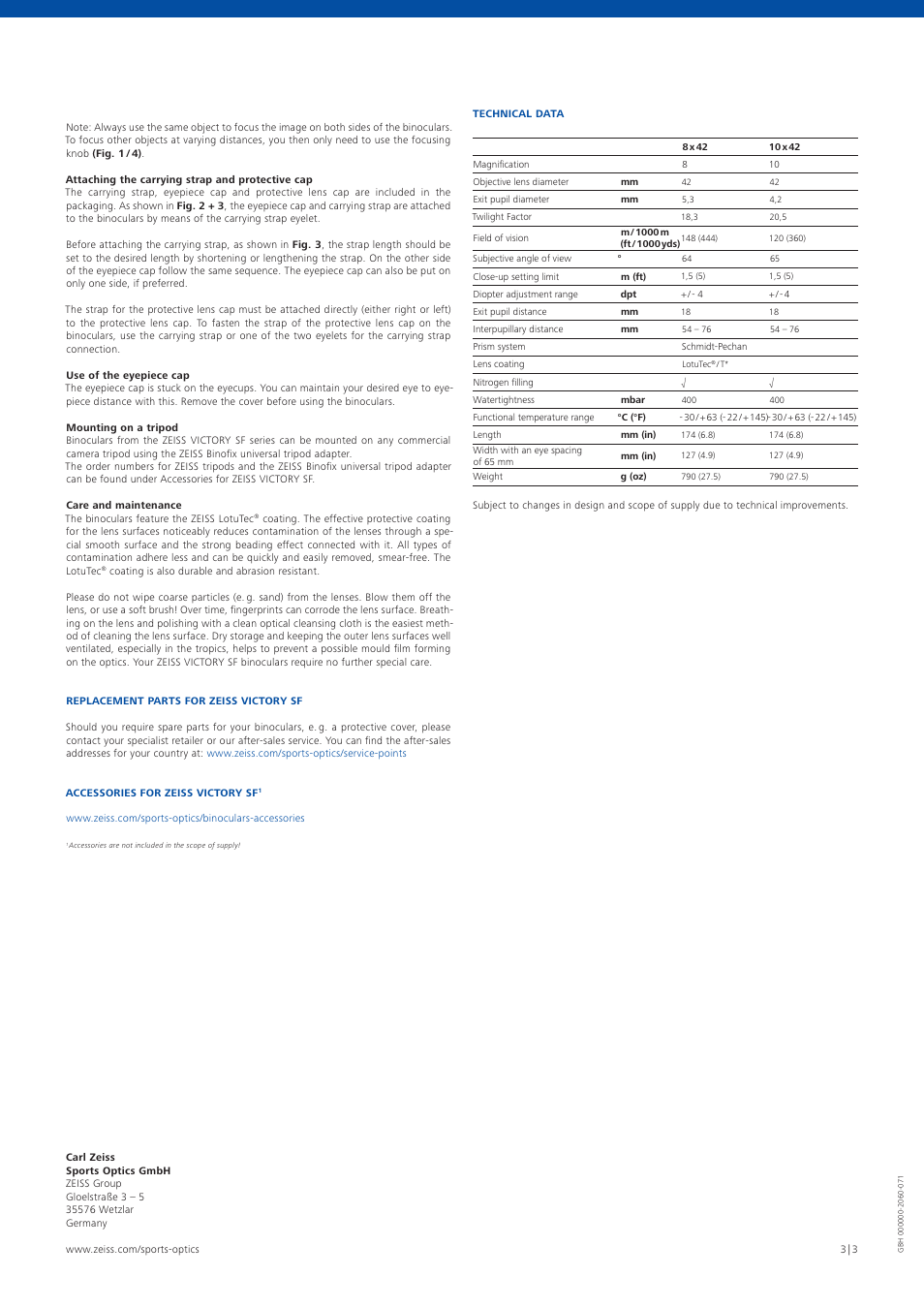 Carl Zeiss 8x42 Victory SF T* Binoculars User Manual | Page 3 / 3
