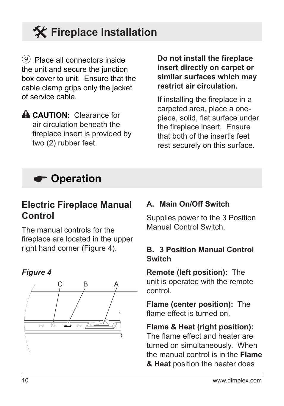 Operation, Fireplace installation, Electric fireplace manual control | Dimplex DF3033ST User Manual | Page 10 / 23