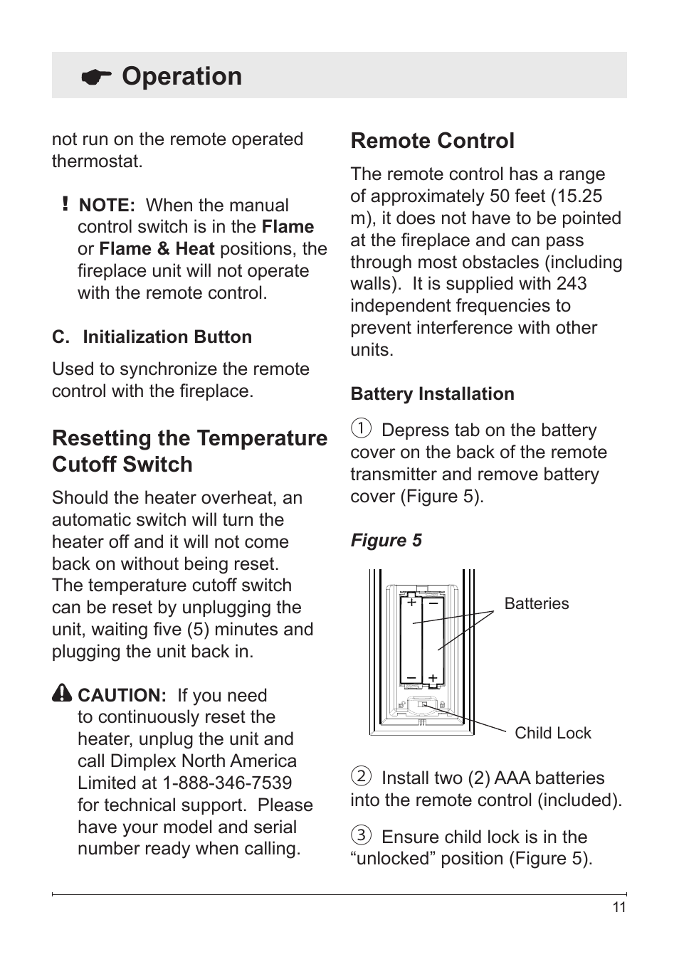 Operation, Resetting the temperature cutoff switch, Remote control | Dimplex DF3033ST User Manual | Page 11 / 23