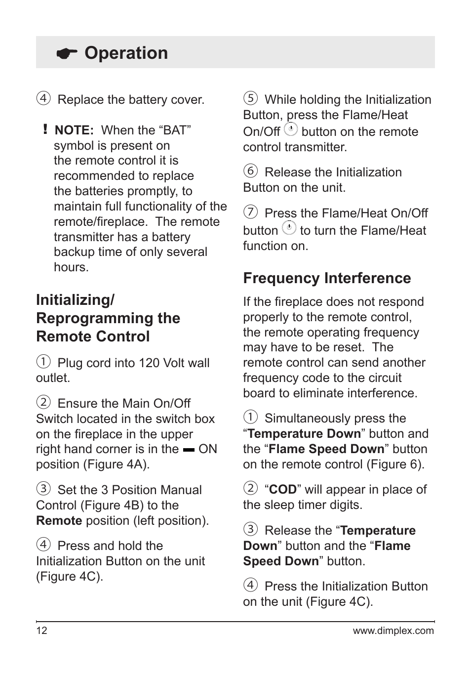 Operation, Initializing/ reprogramming the remote control, Frequency interference | Dimplex DF3033ST User Manual | Page 12 / 23