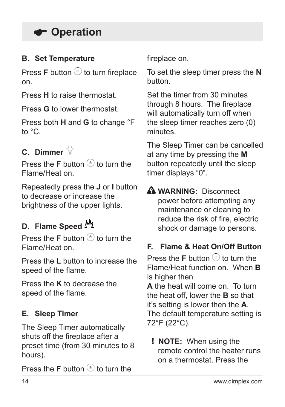 Operation | Dimplex DF3033ST User Manual | Page 14 / 23