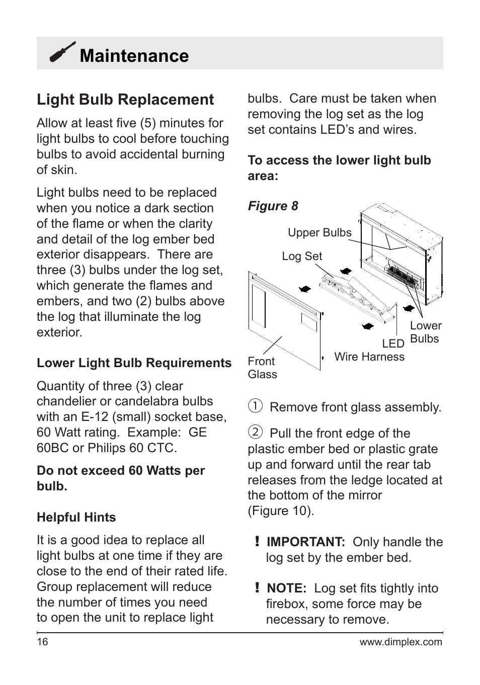 Maintenance, Light bulb replacement | Dimplex DF3033ST User Manual | Page 16 / 23