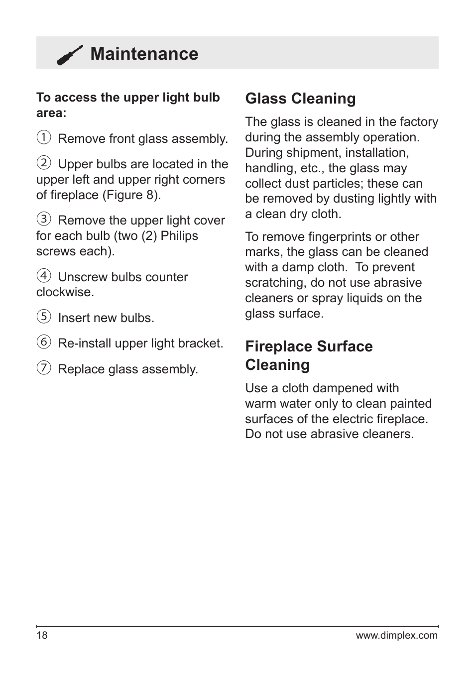Maintenance, Glass cleaning, Fireplace surface cleaning | Dimplex DF3033ST User Manual | Page 18 / 23