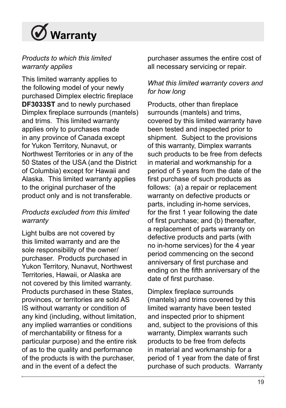 Warranty | Dimplex DF3033ST User Manual | Page 19 / 23