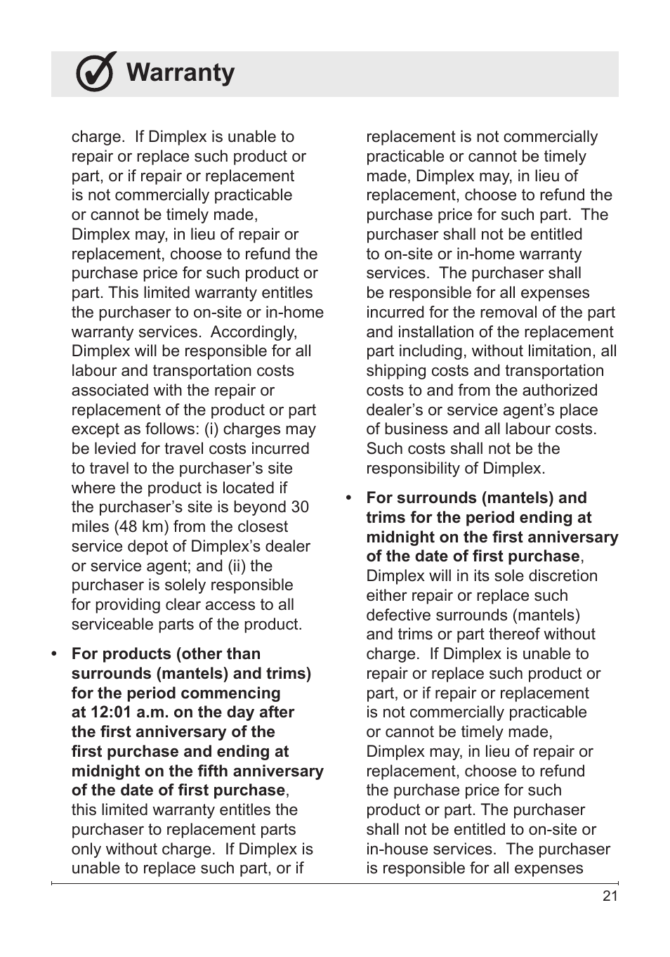 Warranty | Dimplex DF3033ST User Manual | Page 21 / 23