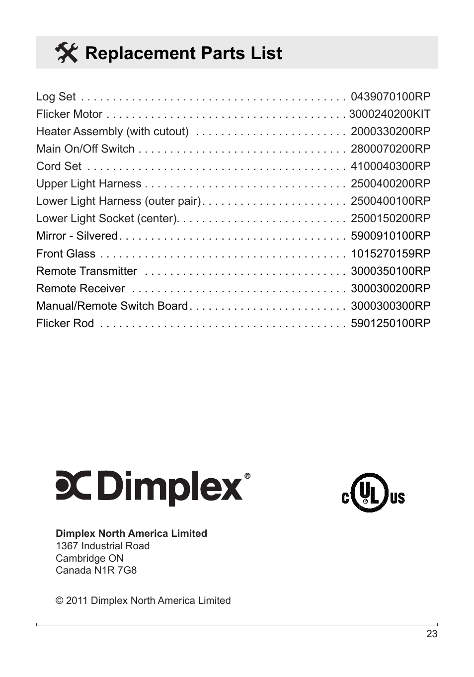 Replacement parts list | Dimplex DF3033ST User Manual | Page 23 / 23
