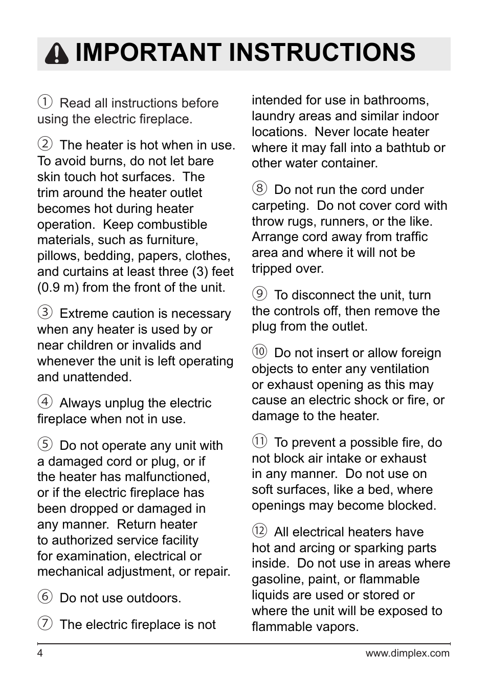 Important instructions | Dimplex DF3033ST User Manual | Page 4 / 23