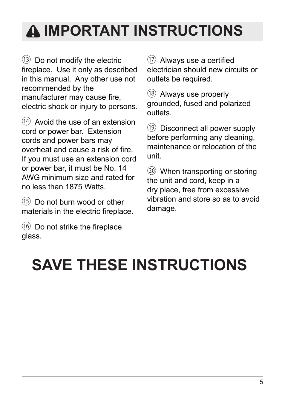 Save these instructions, Important instructions | Dimplex DF3033ST User Manual | Page 5 / 23