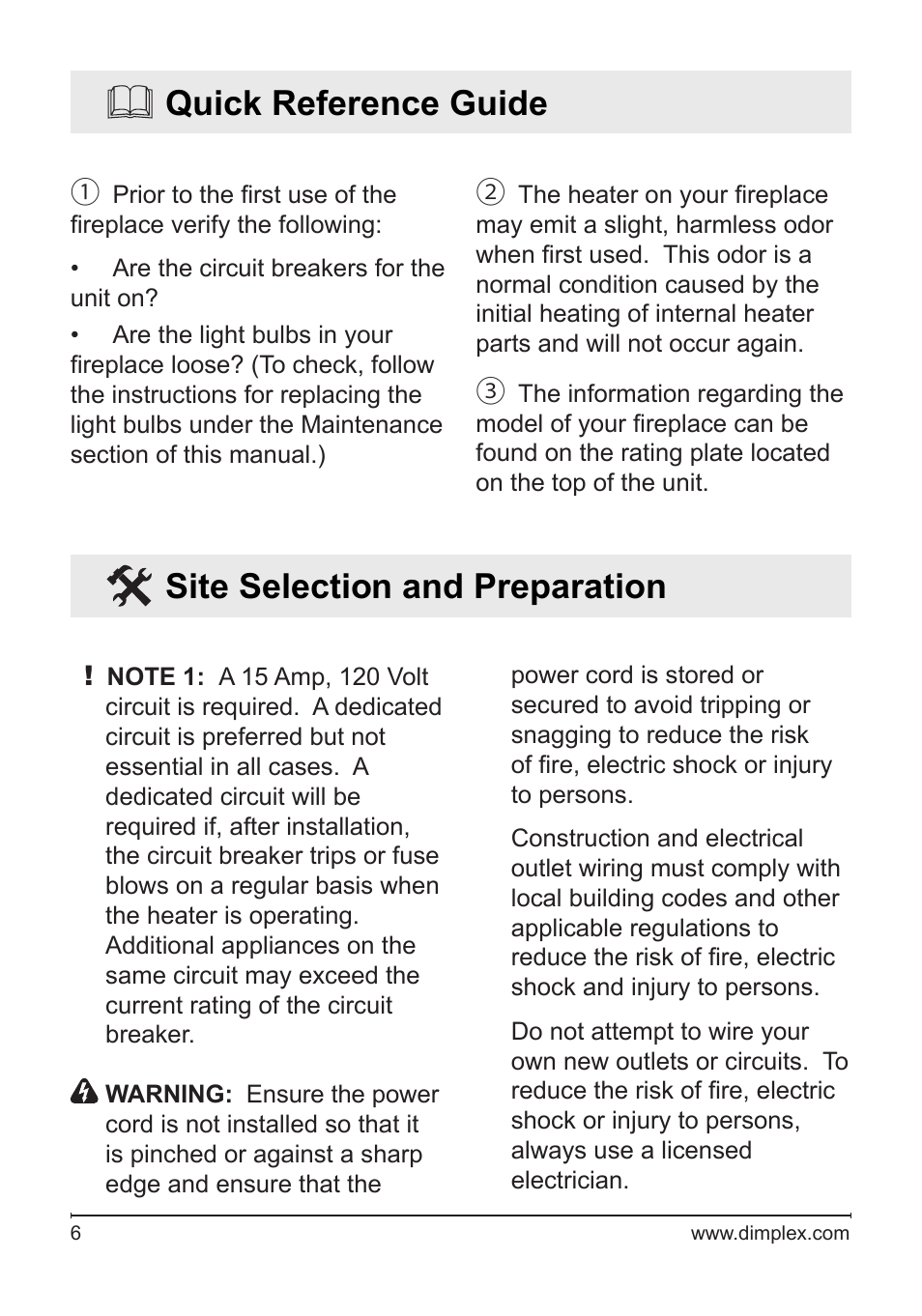 Quick reference guide, Site selection and preparation | Dimplex DF3033ST User Manual | Page 6 / 23
