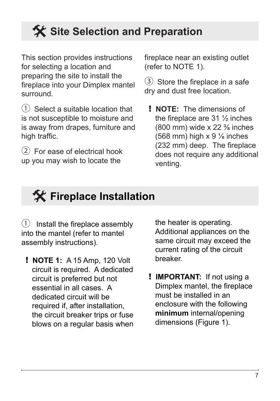 Fireplace installation, Site selection and preparation | Dimplex DF3033ST User Manual | Page 7 / 23