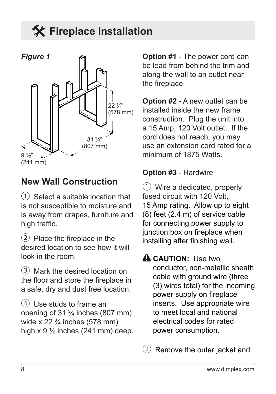 Fireplace installation, New wall construction | Dimplex DF3033ST User Manual | Page 8 / 23