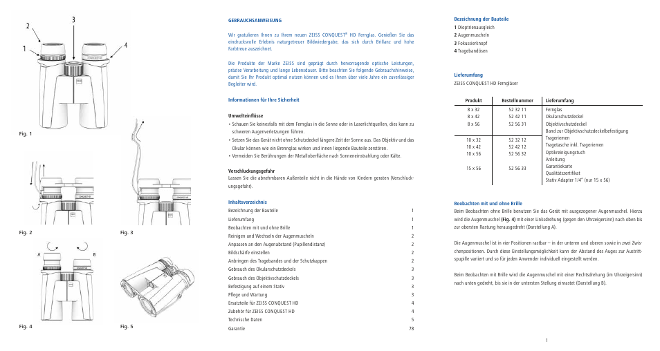 Carl Zeiss 8x56 Conquest HD Binoculars User Manual | Page 2 / 54