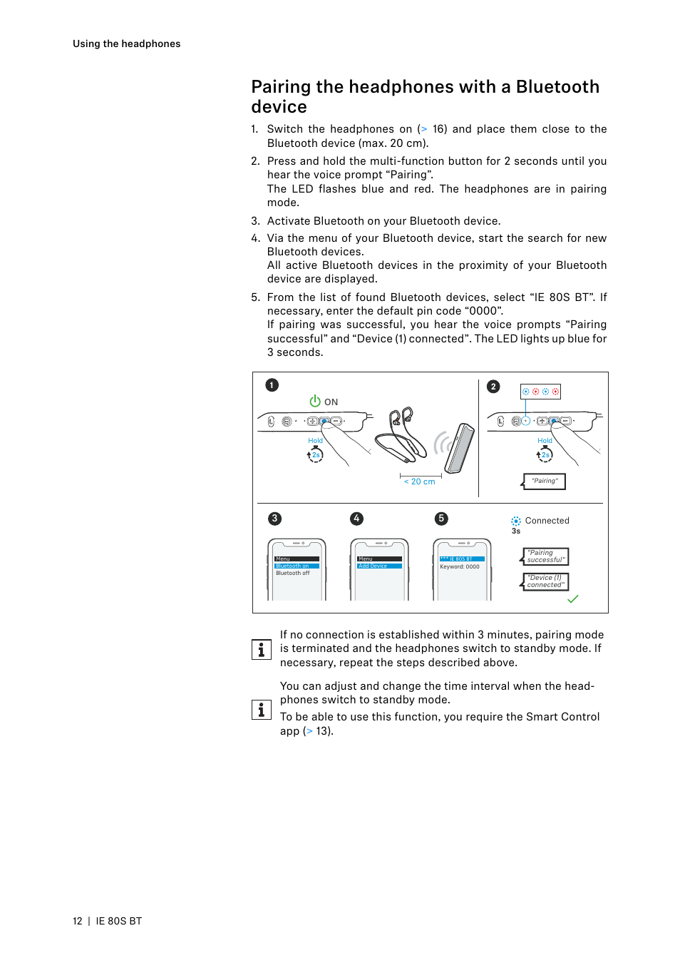 Pairing the headphones with a bluetooth device | Sennheiser IE 80S BT Wireless Neckband In-Ear Headphones User Manual | Page 12 / 29