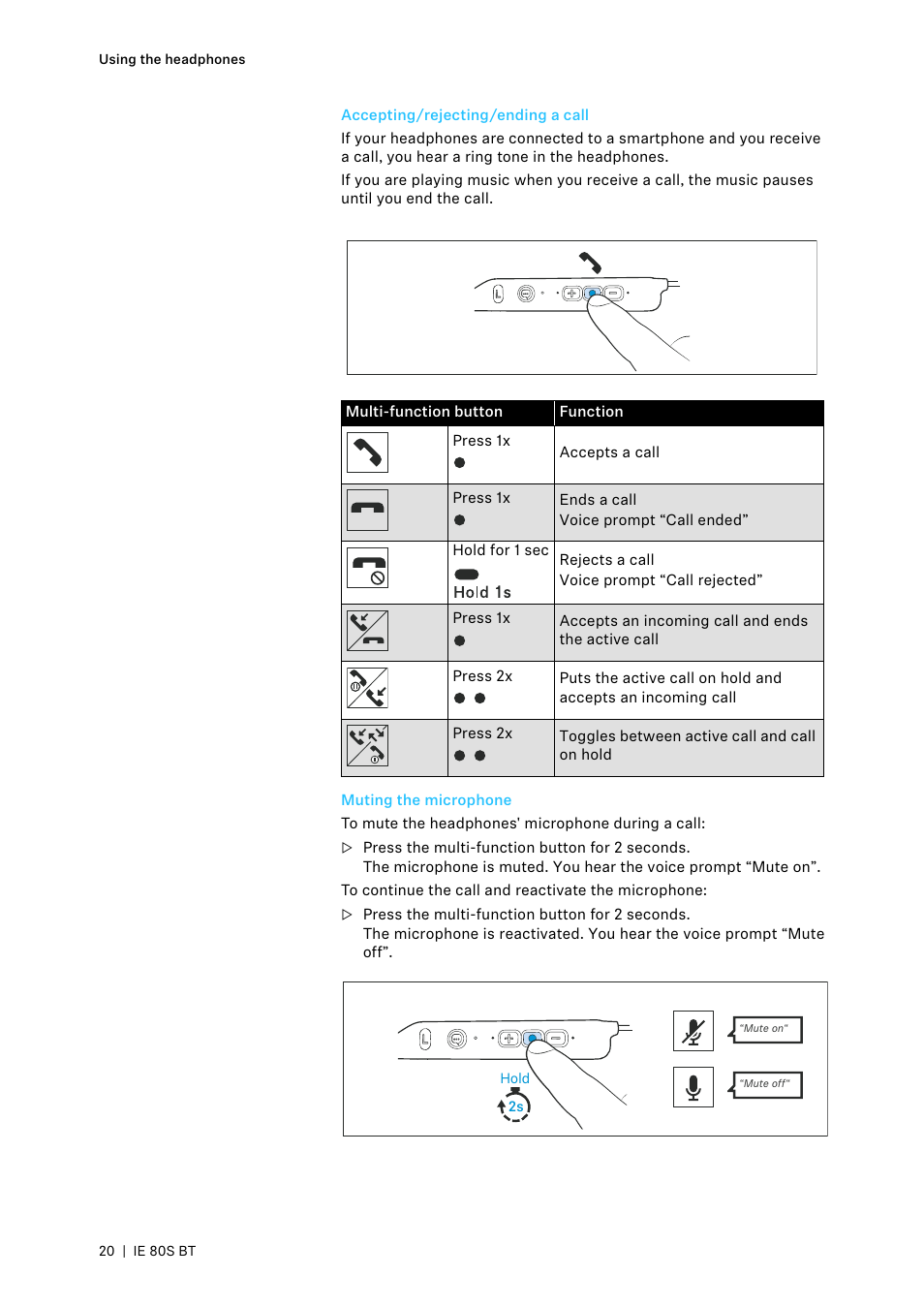 Accepting/rejecting/ending a call, Muting the microphone | Sennheiser IE 80S BT Wireless Neckband In-Ear Headphones User Manual | Page 20 / 29
