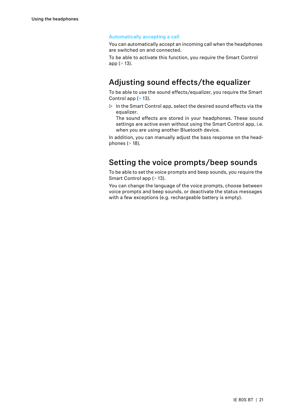 Automatically accepting a call, Adjusting sound effects/the equalizer, Setting the voice prompts/beep sounds | Sennheiser IE 80S BT Wireless Neckband In-Ear Headphones User Manual | Page 21 / 29