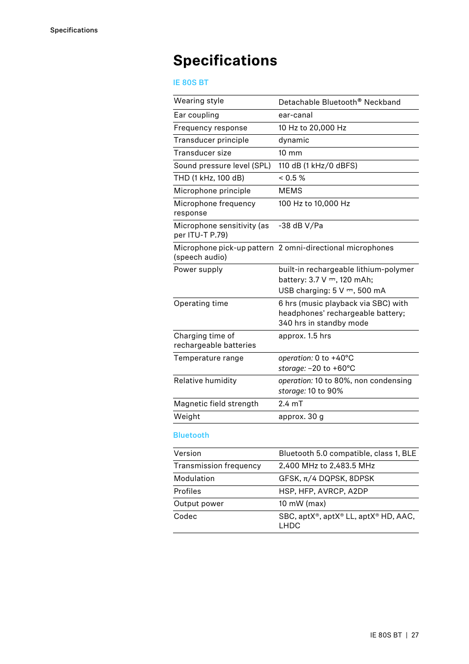 Specifications | Sennheiser IE 80S BT Wireless Neckband In-Ear Headphones User Manual | Page 27 / 29