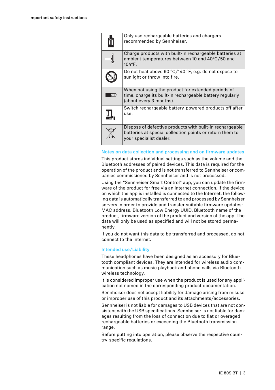 Intended use/liability | Sennheiser IE 80S BT Wireless Neckband In-Ear Headphones User Manual | Page 3 / 29