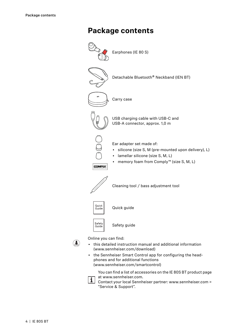 Package contents | Sennheiser IE 80S BT Wireless Neckband In-Ear Headphones User Manual | Page 4 / 29