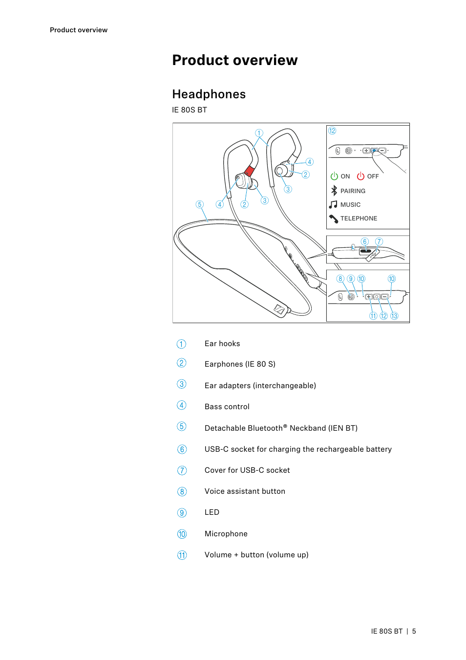 Product overview, Headphones | Sennheiser IE 80S BT Wireless Neckband In-Ear Headphones User Manual | Page 5 / 29