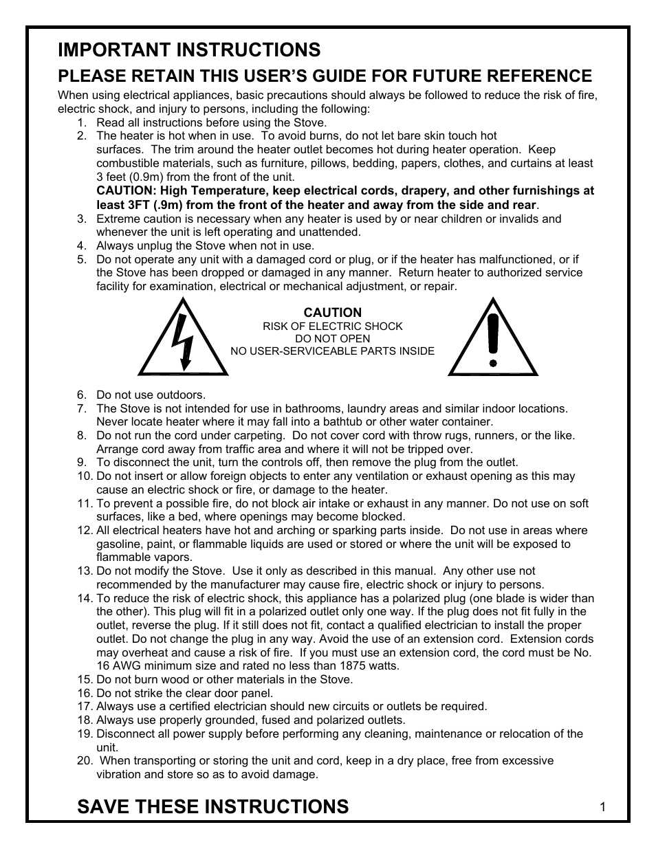 Important instructions, Save these instructions | Dimplex ELECTRIC STOVE User Manual | Page 4 / 11