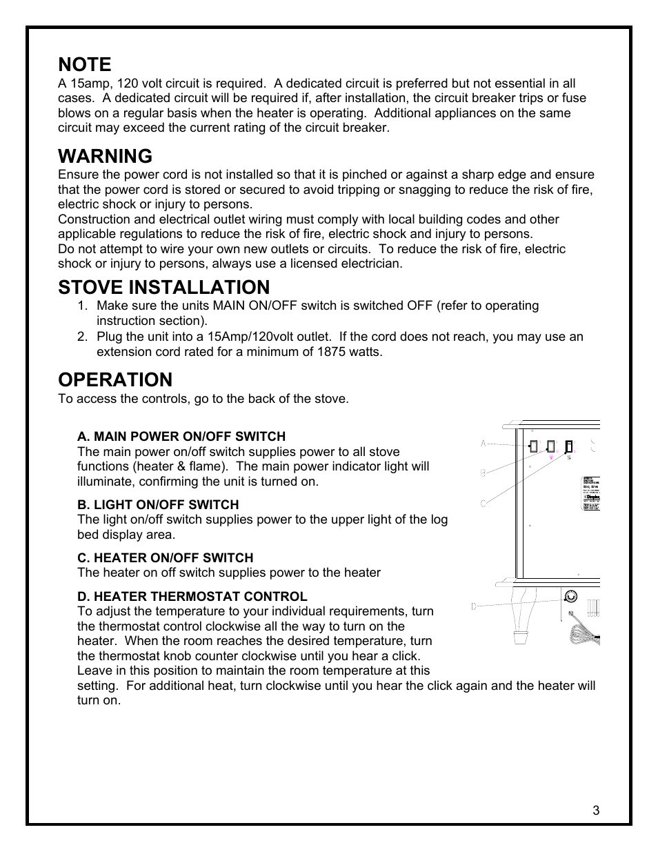 Warning, Stove installation, Operation | Dimplex ELECTRIC STOVE User Manual | Page 6 / 11