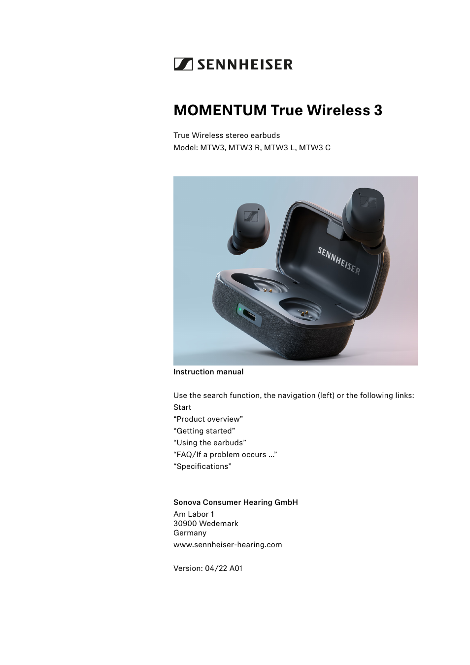 Sennheiser MOMENTUM True Wireless 3 Noise-Canceling In-Ear Headphones (Graphite) User Manual | 46 pages