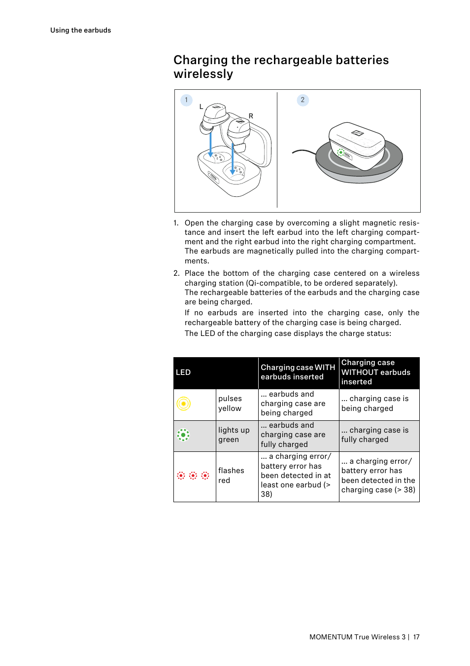 Charging the rechargeable batteries wirelessly | Sennheiser MOMENTUM True Wireless 3 Noise-Canceling In-Ear Headphones (Graphite) User Manual | Page 17 / 46