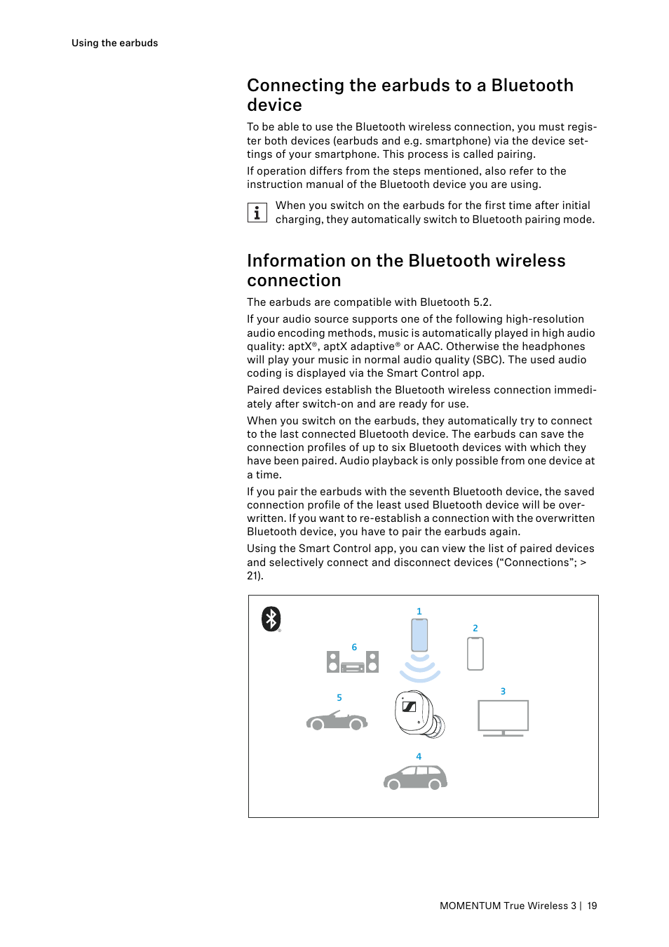 Connecting the earbuds to a bluetooth device, Information on the bluetooth wireless connection | Sennheiser MOMENTUM True Wireless 3 Noise-Canceling In-Ear Headphones (Graphite) User Manual | Page 19 / 46
