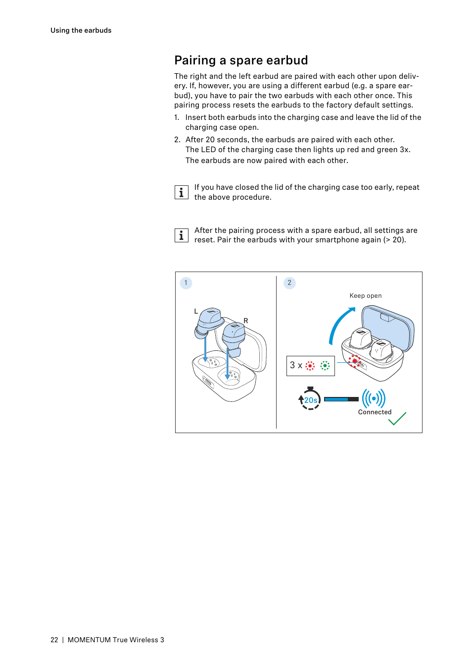 Pairing a spare earbud | Sennheiser MOMENTUM True Wireless 3 Noise-Canceling In-Ear Headphones (Graphite) User Manual | Page 22 / 46
