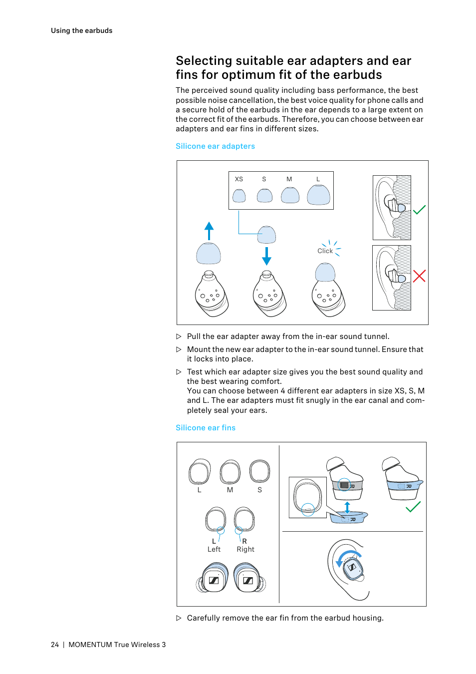 Silicone ear adapters, Silicone ear fins | Sennheiser MOMENTUM True Wireless 3 Noise-Canceling In-Ear Headphones (Graphite) User Manual | Page 24 / 46