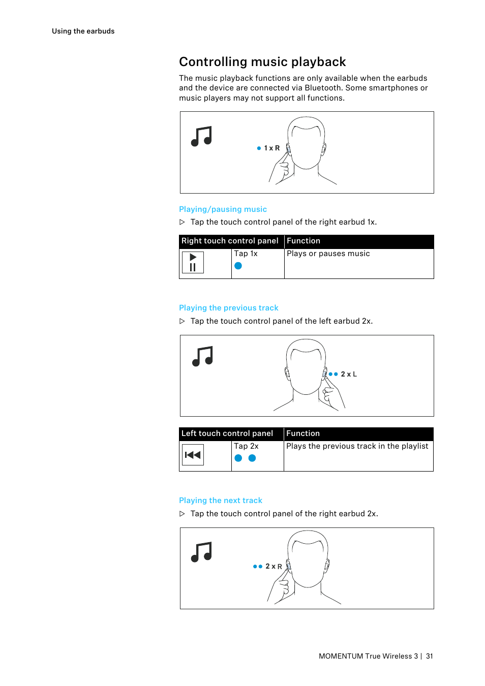 Controlling music playback, Playing/pausing music, Playing the previous track | Playing the next track | Sennheiser MOMENTUM True Wireless 3 Noise-Canceling In-Ear Headphones (Graphite) User Manual | Page 31 / 46