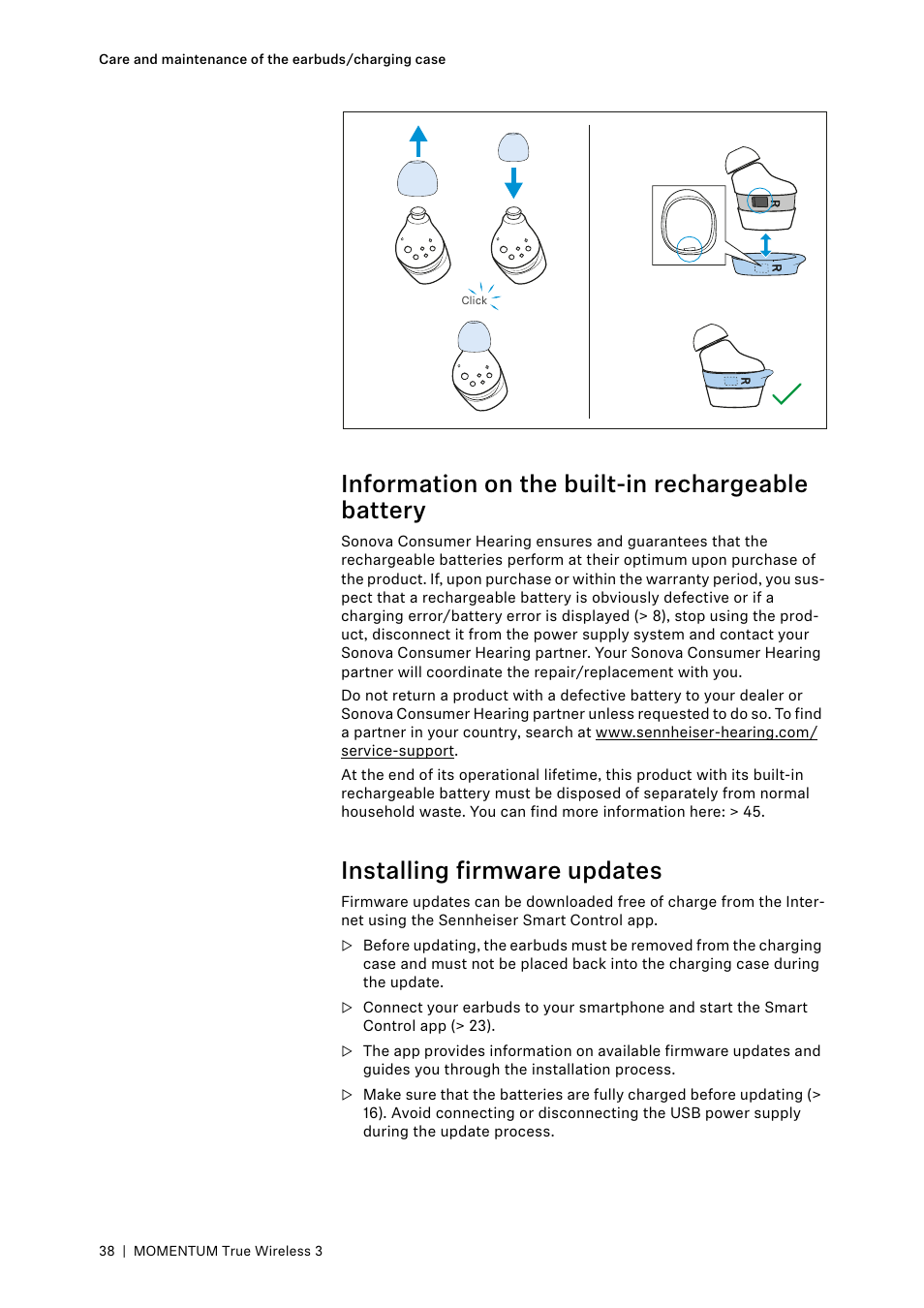 Information on the built-in rechargeable battery, Installing firmware updates | Sennheiser MOMENTUM True Wireless 3 Noise-Canceling In-Ear Headphones (Graphite) User Manual | Page 38 / 46