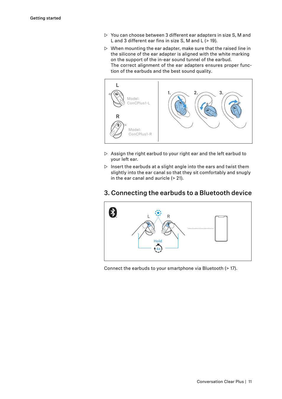 Connecting the earbuds to a bluetooth device | Sennheiser Conversation ClearPlus True Wireless ANC Speech Enhancer User Manual | Page 11 / 42